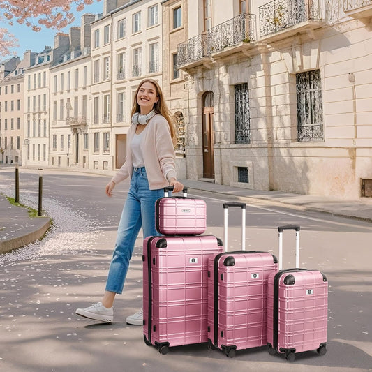 Luggage Sets 4 Piece, ABS PC Lightweight Suitcases with Wheels, Hardshell Luggage Sets Suitcase set with TSA Lock Pink (12in 20in 24in 28in)