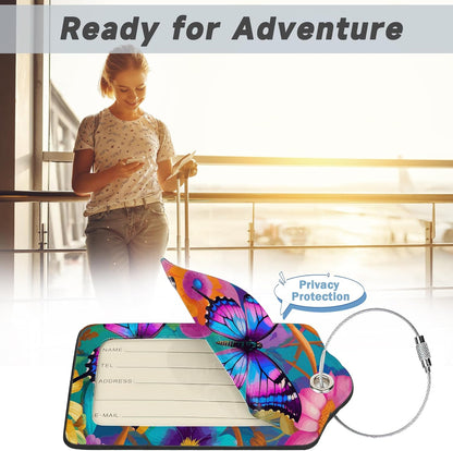 2 Pack Luggage Tag for Suitcase,Groovy Flowers Butterflies Leather Suitcase Tags Identifiers with Privacy Name Address Labels and Durable Steel Loop for Women Men Travel