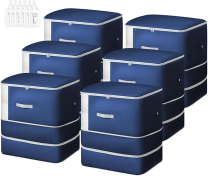 Comforter Storage Bag - 130L Blanket Storage Bags 3-Layer Ultra Space Saving Self Compression Organizer, Washable Compression Bags for Storage Comforter Blanket, 6-Pack, Navy Blue
