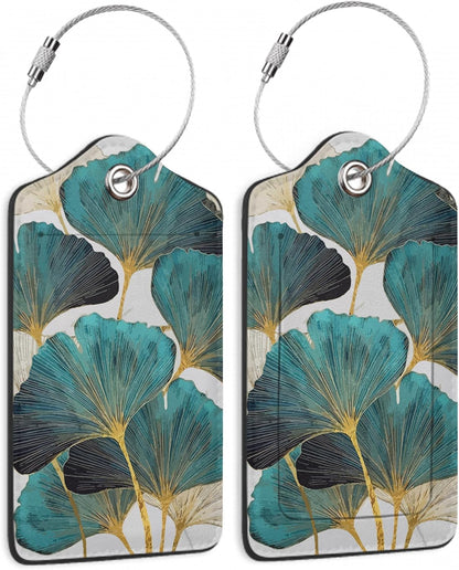2 Pack Luggage Tag for Suitcases Green Ginkgo Leaf PU Leather Bag Travel Suitcase ID Identifier Baggage Tags for Women Men Travel