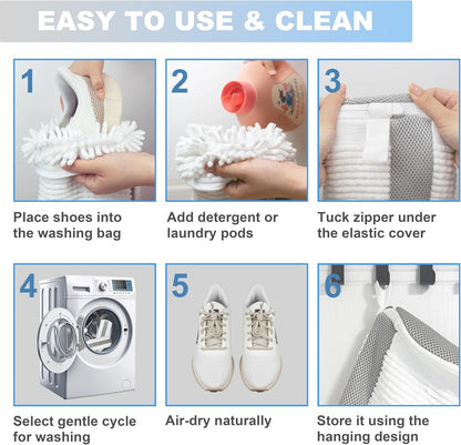 Shoe Washing Machine Bag – 360° Deep Clean Sneaker Laundry Bag with Cleaning Fibers and Zipper, Reusable Shoe Bag for Washing Machine, 2 Pack