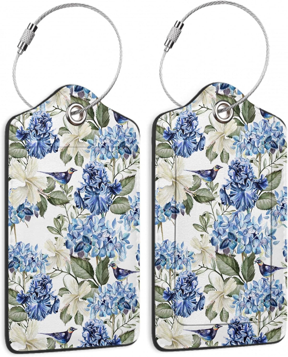 Hibiscus Flowers Luggage Tag,Bird Watercolor Luggage Tags of Set 2 Leather Identifiers Privacy Cover with Stainless Steel Loop for Women Men Travel Bag Suitcase