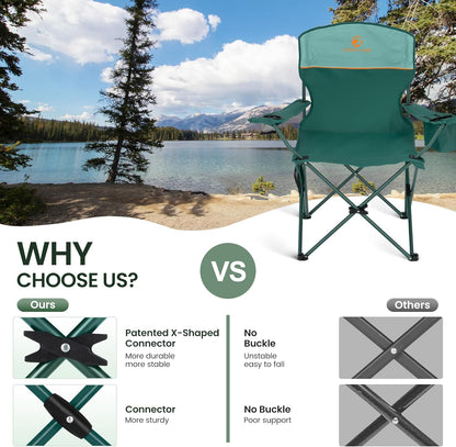 HIGH POINT SPORTS 2 Pack Portable Camping Chair for Adults, Folding Outdoor Camp Chair Lightweight Lawn Chairs Folding Collapsible Chair for Camping, Tailgates, Beach, Green, Support 225lbs