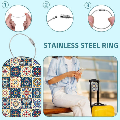 2 Pack Cute Luggage Tag for Suitcases Portuguese Tiles Leather Luggage Tags with Stainless Steel Loop Privacy Flap Name Tags,Men and Women Travel Bag Suitcase Tags