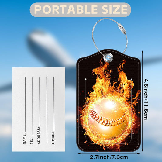 2 Pcs Baseball on Fire Luggage Tags for Suitcases PU Leather Baggage Tags Name ID Label with Privacy Cover and Stainless Steel Loop for Men Women Travel Bag Suitcase