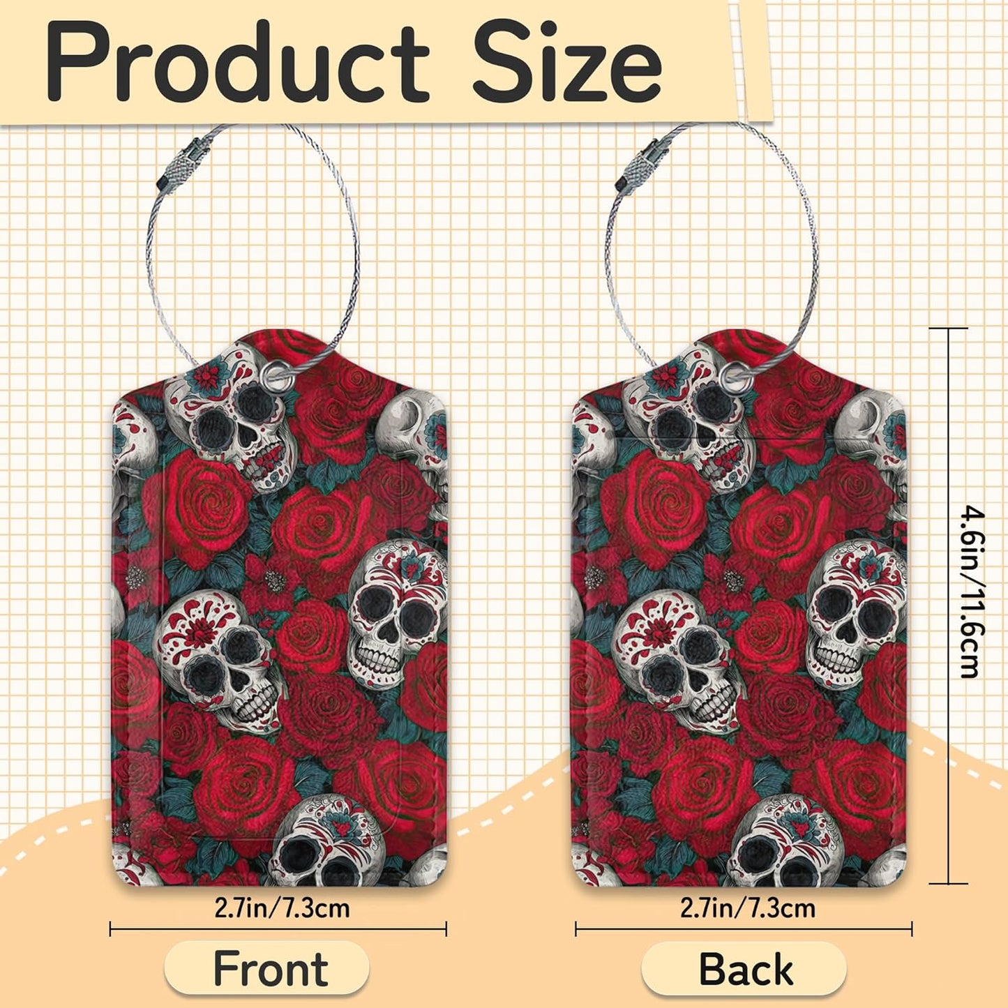 3 Pack PU Sugar Skull and Flowers Leahter Luggage Tag with Stainless Steel Loop,Travel Suitcase Labels with Privacy Cover ID Label Quickly Spot for Bags