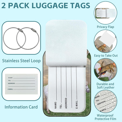 Cute Cat Luggage Tag for Suitcase Set of 2 PU Leather Cute Luggage Tags with Stainless Metal Loop ID Label Privacy Flap Suitcase Tags for Women and Men Travel
