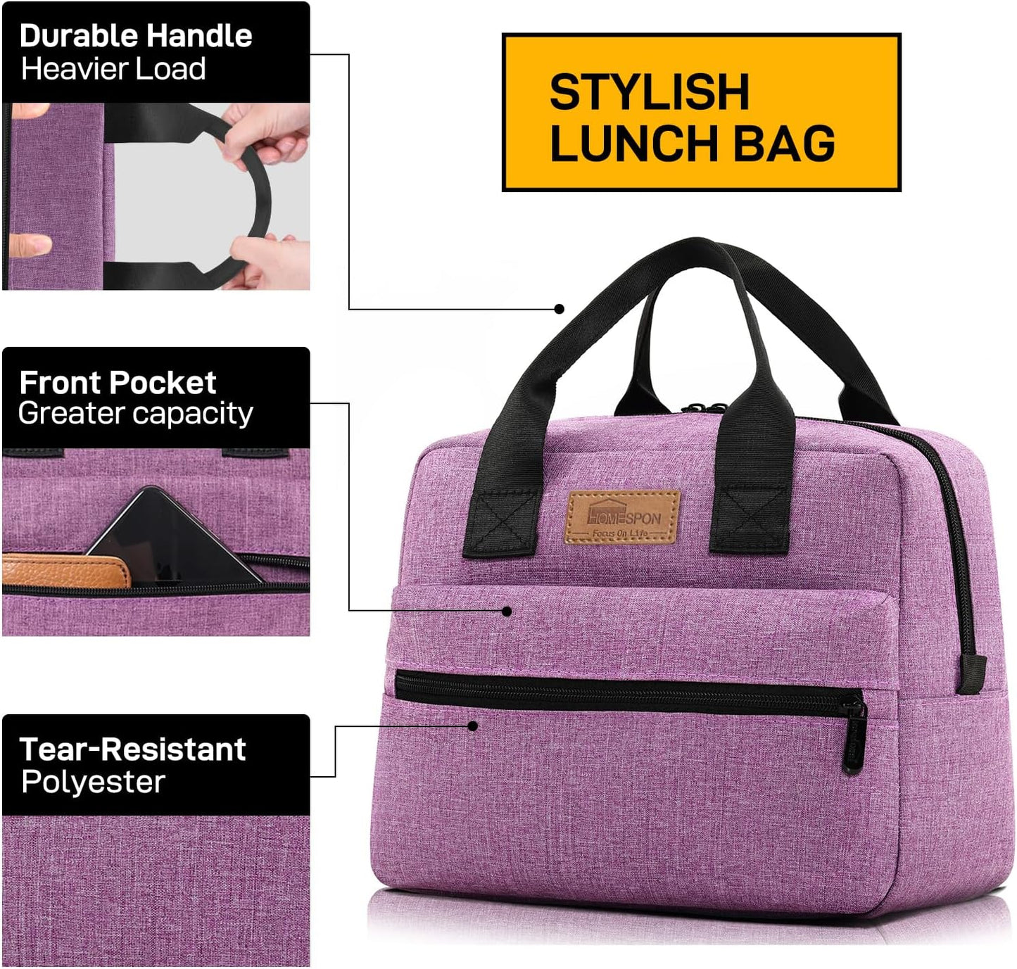 HOMESPON Insulated Lunch Bag for Women Men Lunch Box Cooler Lunch Tote for Work Picnic (Purple)