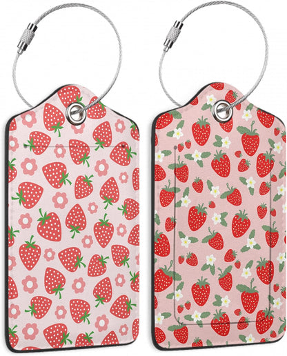 2 Pack Luggage Tag for Suitcase,Retro Strawberry Leather Suitcase Tags Identifiers with Privacy Name Address Labels and Durable Steel Loop for Women Men Travel