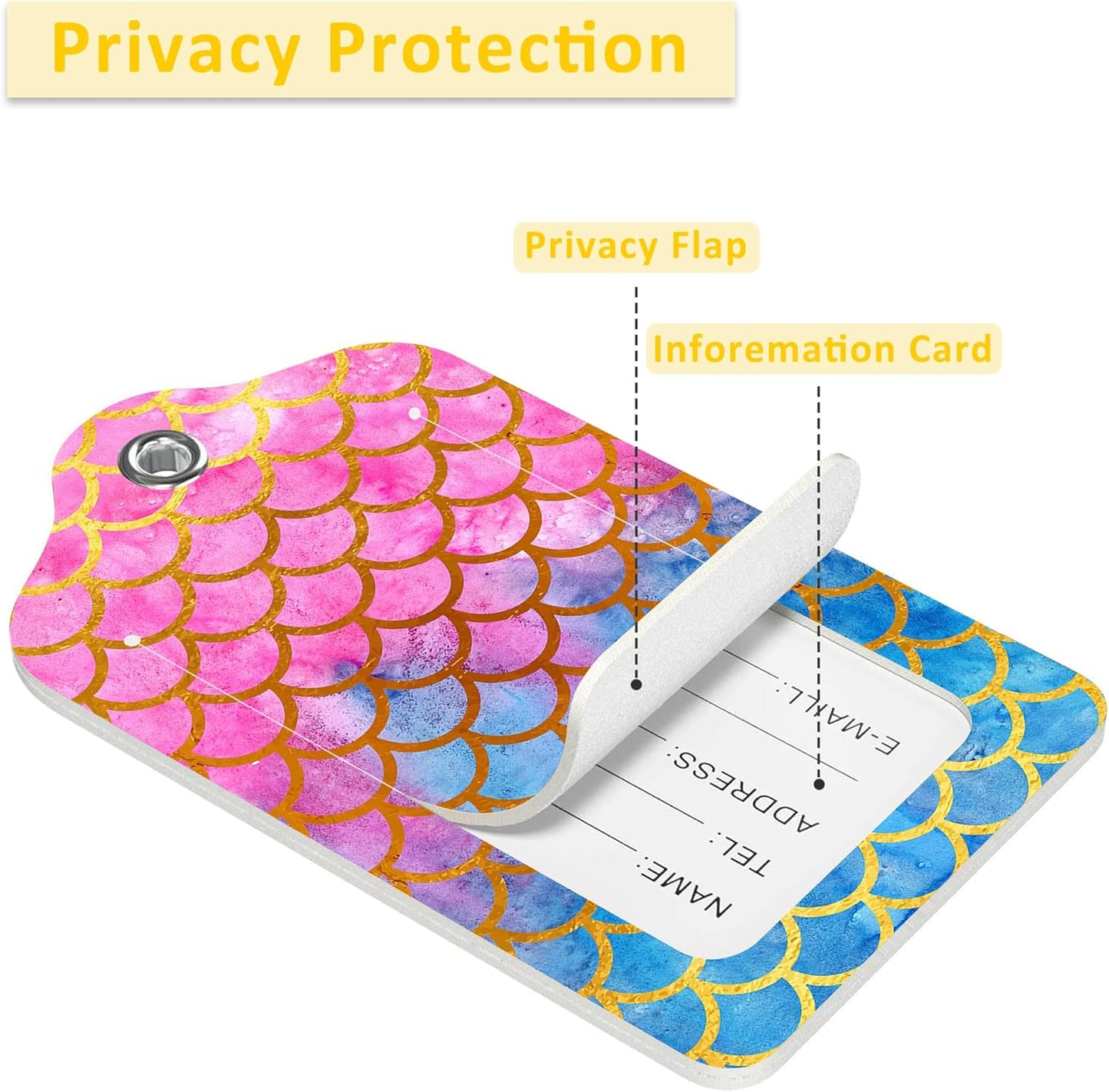 2 Pack Mermaid Scales Luggage Tags for Suitcases,Watercolor Fish Scales Leather Baggage Suitcases Tag Name ID Label Privacy Cover Travel Bag Tags for Women Men Boys Girls