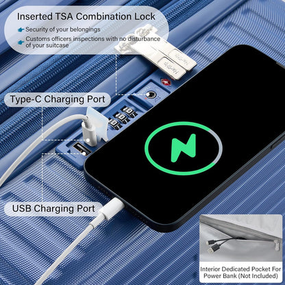 Hard Shell Suitcases 20 Inch Carry on Luggage Airline Approved, Expandable Travel Luggage with Cup Holder Charger Built in Lightweight Small Suitcase with Wheels, Interstellar Blue