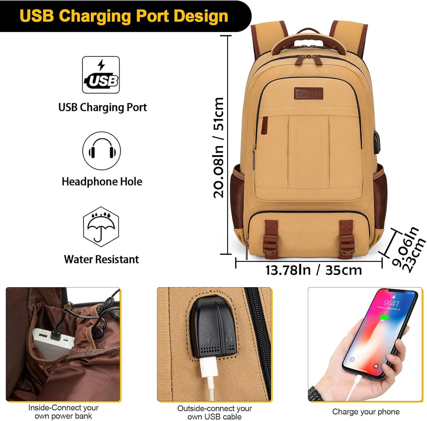 Tzowla Canvas Laptop Backpack, Bag for Men Women,Travel Work Rucksack Fits 17.3 Inch Laptop, Bookbag with USB Charging Port