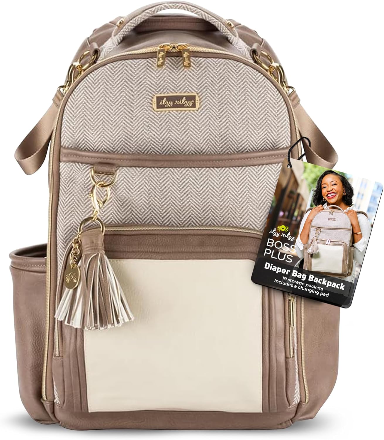 Itzy Ritzy Diaper Bag Backpack – Large Capacity Boss Plus Baby Backpack Diaper Bag Featuring 19 Pockets, Changing Pad, Stroller Clips, and Comfortable Straps (Vanilla Latte)
