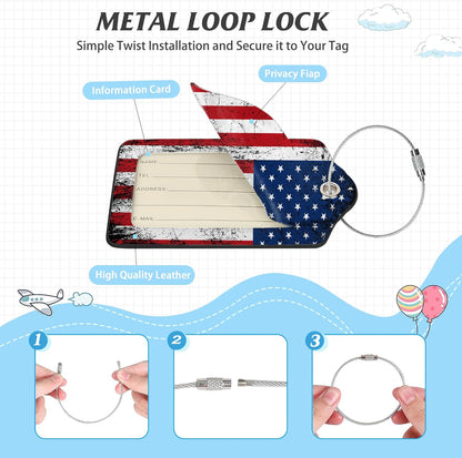 3 Pack Luggage Tag for Suitcase,American Flag USA Flag Leather Luggage Tags with Privacy Cover Name ID Label Identifiers Travel Bag Tags for Women Men Boys Girls