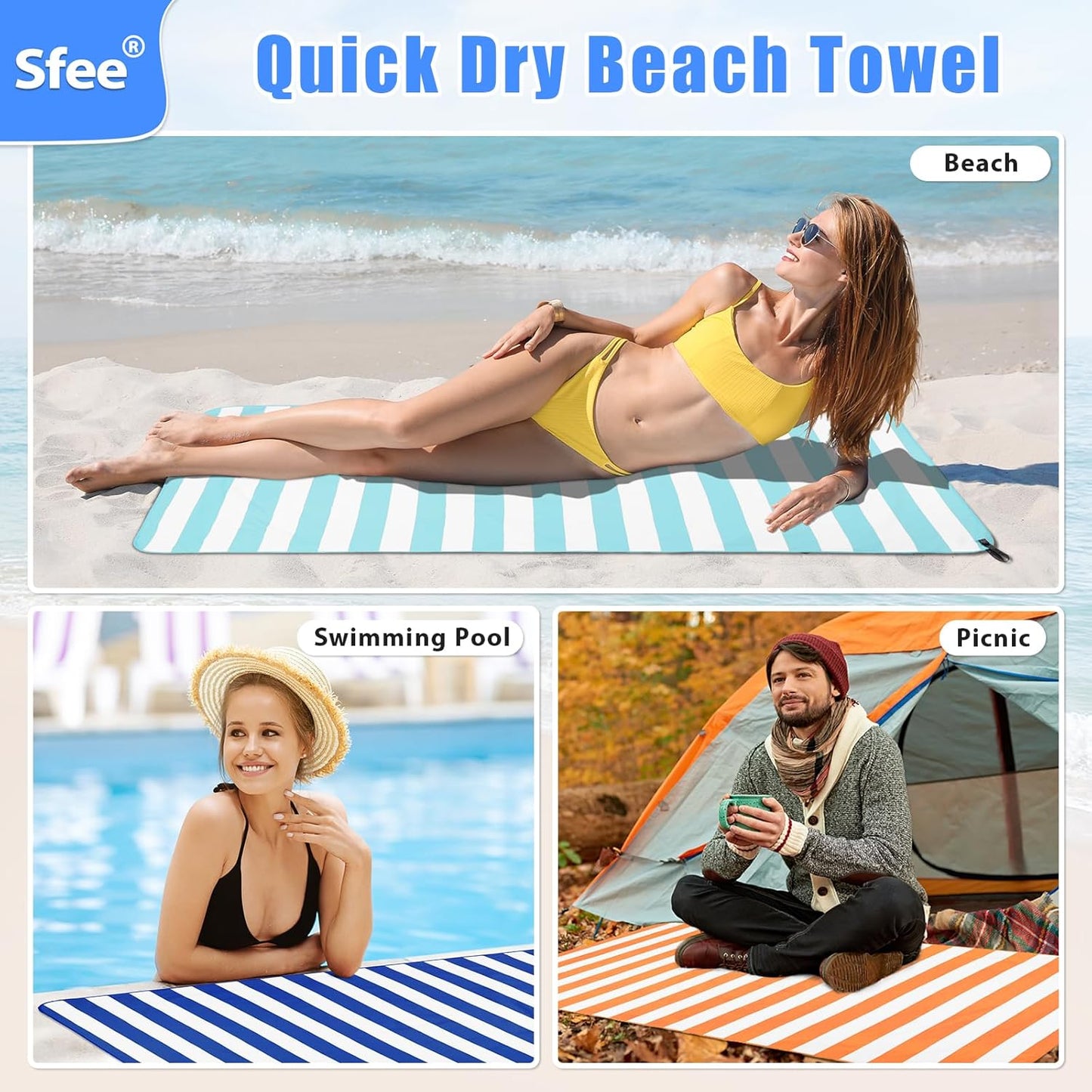 Sfee 2 in 1 Microfiber Travel Towel, Quick Dry Towel Camping Beach Towel Super Absorbent Compact Lightweight Sports Gym Towel Set for Gym, Hiking, Pool, Bath, Yoga (Small: 32''x16'')