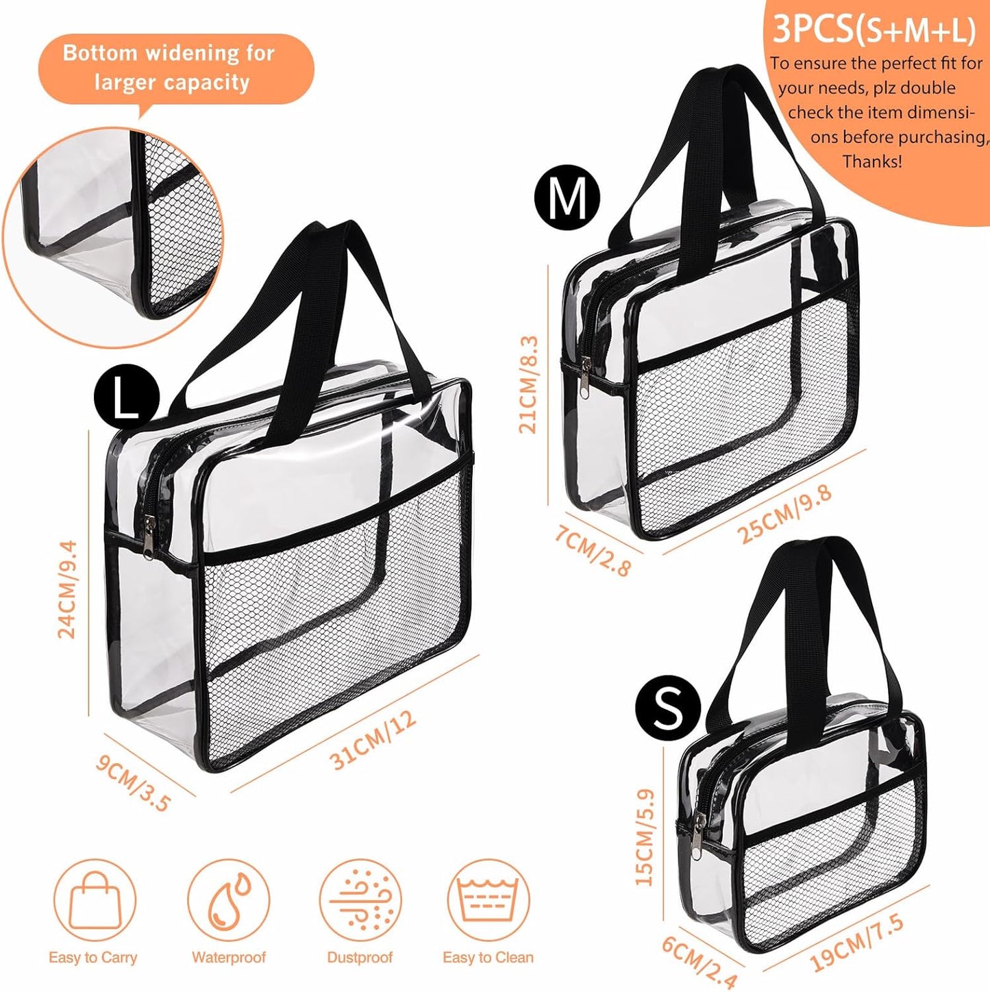 XEWEA Large Small Clear Travel Toiletry Bags with Handles & Pocket for Men Women, 3PCS TSA Approved Transparent Makeup Bag,Waterproof PVC Quart Organizer with Zipper for Toiletries Airline Essentials