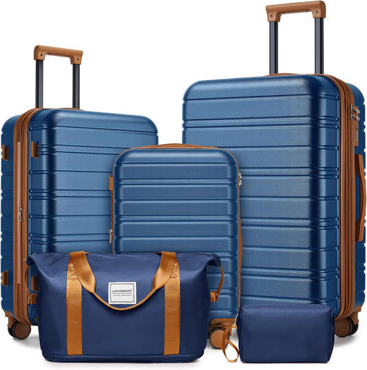 LARVENDER Luggage Sets 5 Piece Hardside Expandable Suitcase with Wheels Lock,Hardside Lightweight Rolling Suitcase for Women and Men,Navy Blue