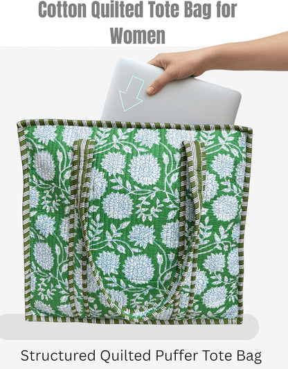 Cotton Quilted Tote Bag for Women – Large Beach & Travel Tote with Zipper, Reusable Grocery Bag