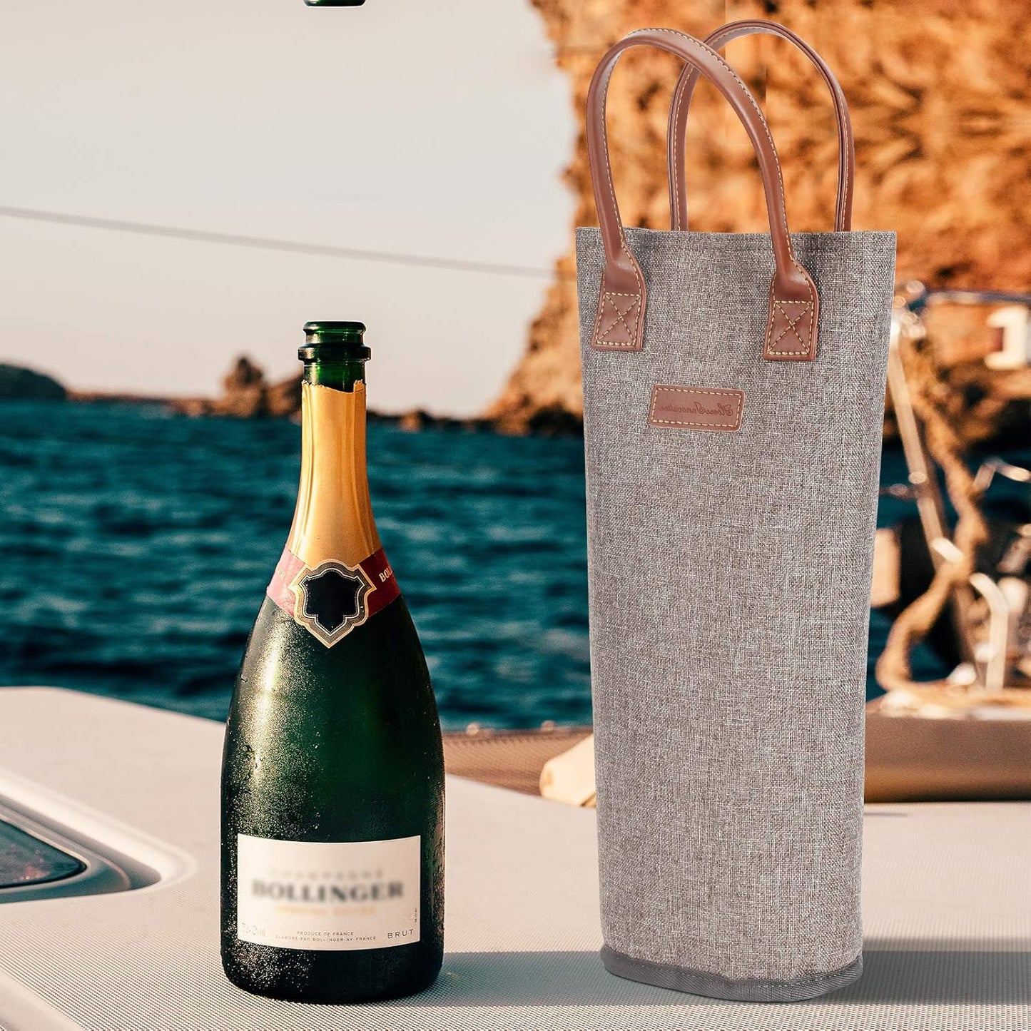 Zormy Single Bottle Insulated Wine Tote, Brushed Khaki Padded Cooler