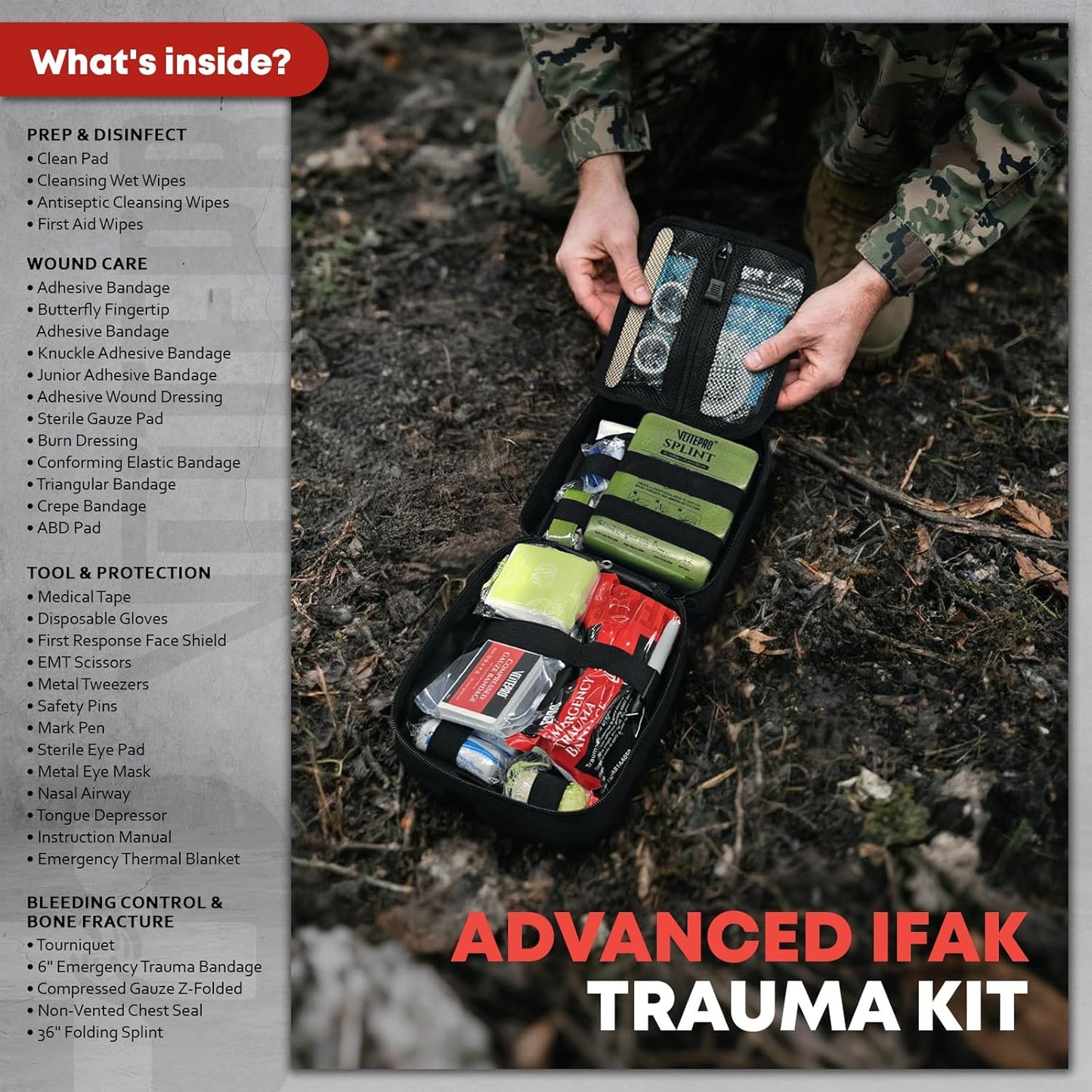 Advanced Trauma First Aid Kit - Emergency Camping Gear with Tourniquet, Compression Bandage, 36" Splint | Portable Survival Gear for Outdoor, Home, Camping- Gift for Husband Dad and Wife-Black