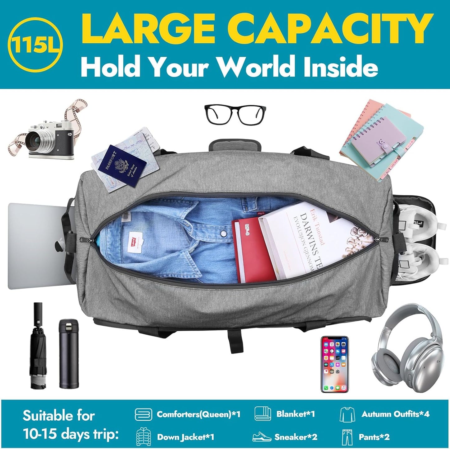 Canway 115L Travel Duffel Bag, Foldable Weekender Bag with Shoes Compartment for Men Women Water-proof & Tear Resistant