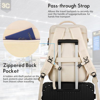MOMUVO Large Travel Backpack Women, Flight Approved Carry On Backpack, Water Resistant Anti-Theft Large Casual Daypack Fit 17 Inch Laptop with USB Charging Port, Beige