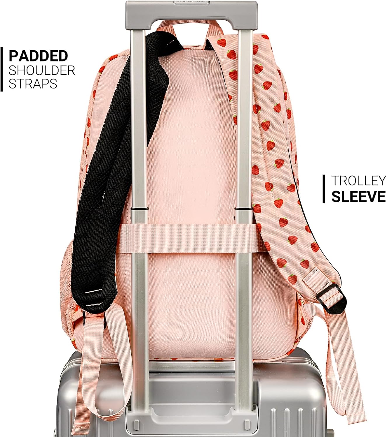 ZORFIN 26L Backpack for College, and Travel: Water Resistant Bookbag - Heart-shaped Strawberry pink