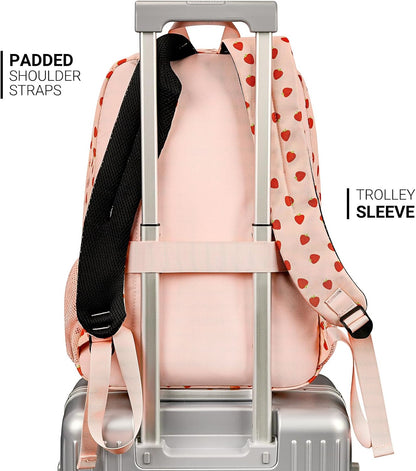 ZORFIN 26L Backpack for College, and Travel: Water Resistant Bookbag - Heart-shaped Strawberry pink