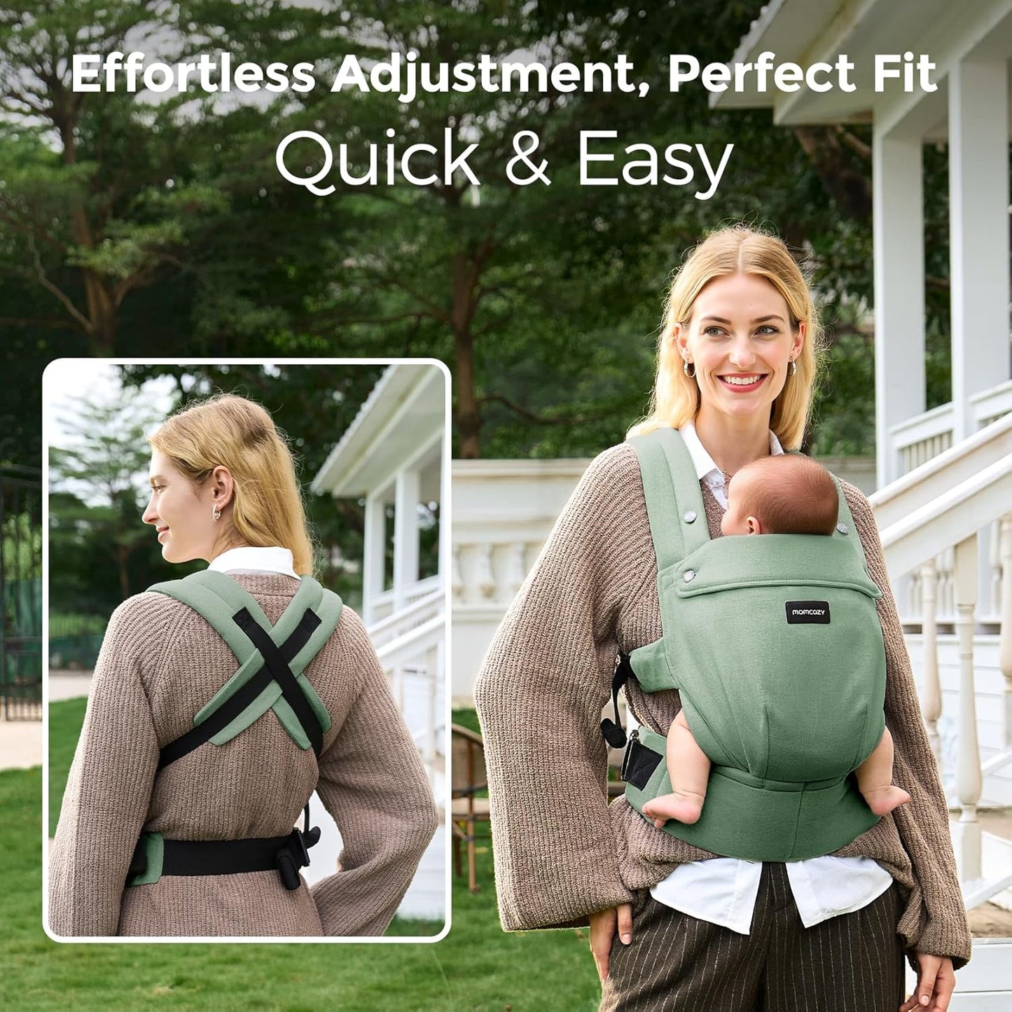 Momcozy Baby Carrier with Natural Cotton Linen, Built to Last, Ergonomic Design, 7-44lbs for Infant and Toddler, Lightweight and Comfortable, Hands-Free for Moms&Dads, Sage Green