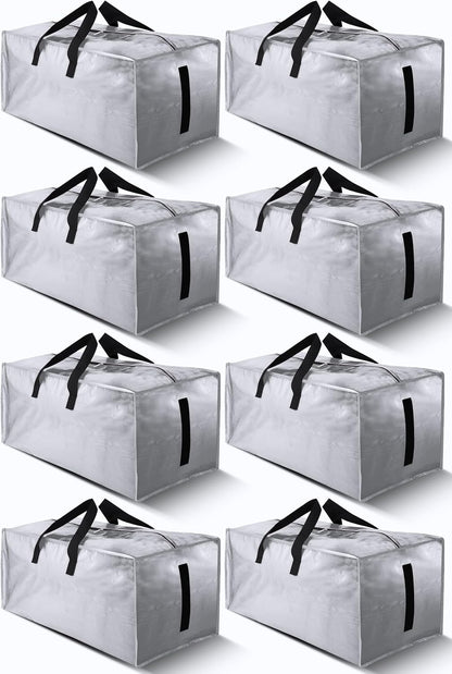8 Pack Large Strong Bags with Zippers & Carrying Handles - Water-Resistant - Heavy Duty Storage Tote for Space Saving Storage, Fold Flat, Alternative to Moving Box (Silver)