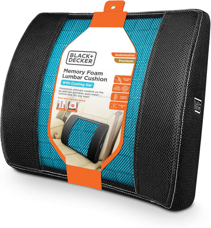 BLACK+DECKER Cooling Gel Lumbar Memory Foam Cushion – Ergonomic Back Support Travel Pillow with Ventilated Mesh, Adjustable Strap, Slow Rebound Memory Foam, Washable Cover