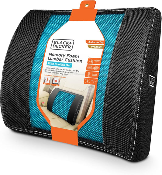 BLACK+DECKER Cooling Gel Lumbar Memory Foam Cushion – Ergonomic Back Support Travel Pillow with Ventilated Mesh, Adjustable Strap, Slow Rebound Memory Foam, Washable Cover