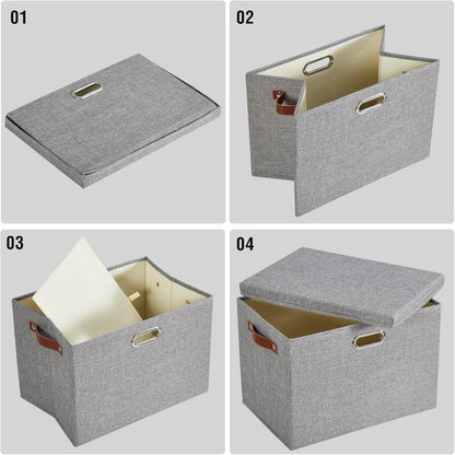 17" Large Collapsible Storage Bins with Lids, Stackable Closet Organizers with PU Handle and Labels, 3-Pack Decorative Fabric Storage Boxes for Home, Bedroom, Closet, Office, Nursery(Gray)