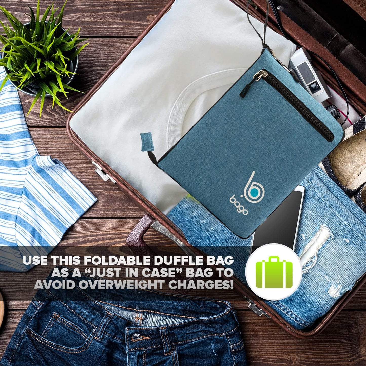 Bago Foldable Duffel Bags for Traveling Women & Men - 60L Medium Packable Duffle Bag for Travel with Shoe Compartment - Water Repellant, Heavy Duty, Lightweight Folding & Collapsible (SnowBlue)