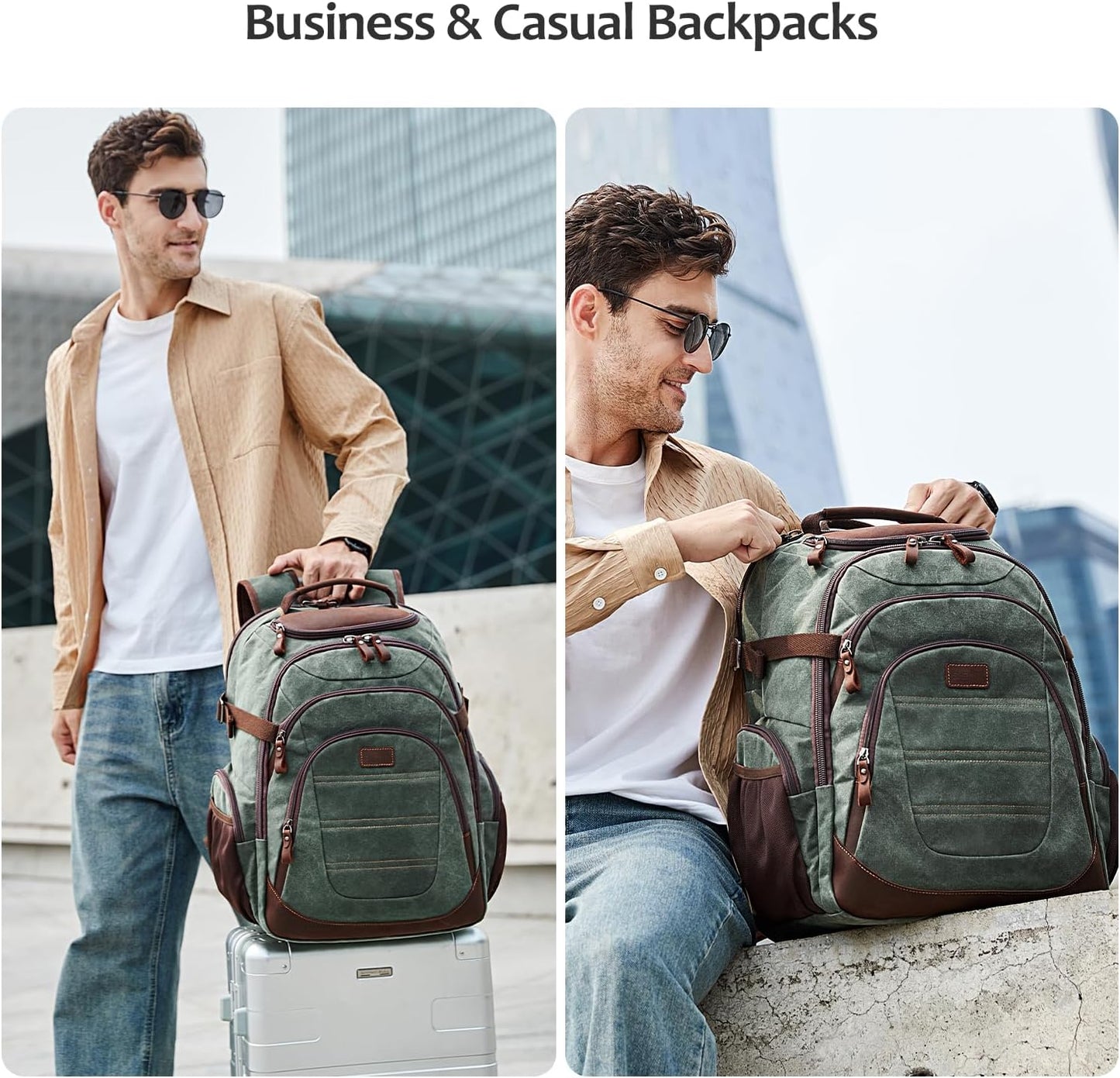 Travel Laptop Backpack 17.3 inch XL Computer Backpack for Men Waxed Canvas College Daypack Business Backpack Army Green