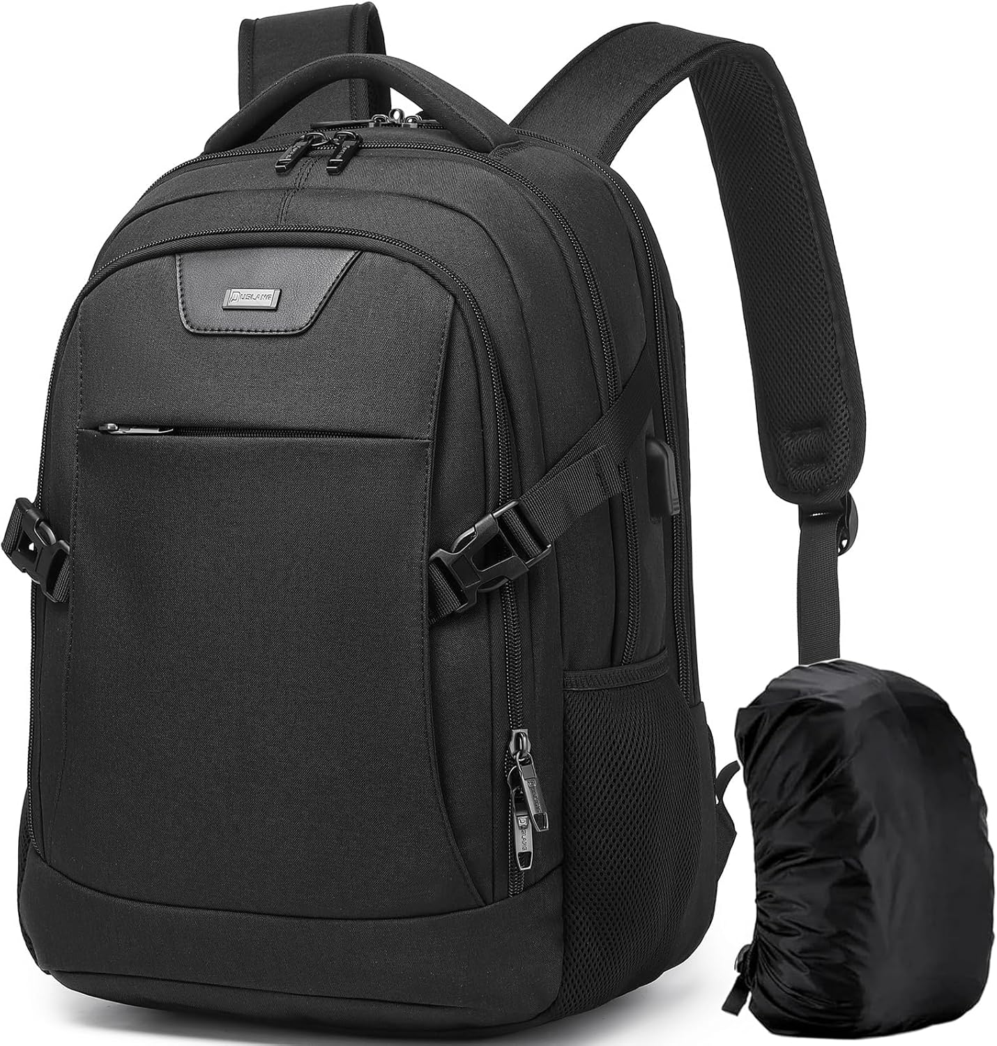 DUSLANG Travel Work Laptop Backpack With USB Charging Charger Port Fits 15.6 Inch Notebook Business Anti Theft College Computer Bag Back Pack for Women Men with Rain Cover - Black