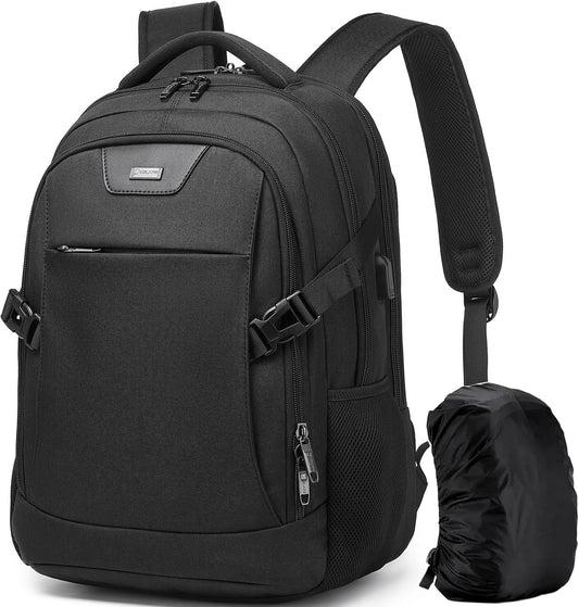 DUSLANG Travel Work Laptop Backpack With USB Charging Charger Port Fits 15.6 Inch Notebook Business Anti Theft College Computer Bag Back Pack for Women Men with Rain Cover - Black