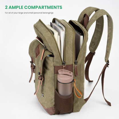 Modoker Vintage Backpack for Men Women, Canvas Bookpack Fits Most 15.6 Inches Computer and Tablets, Rucksack Backpack with USB Charging Port, Army Green