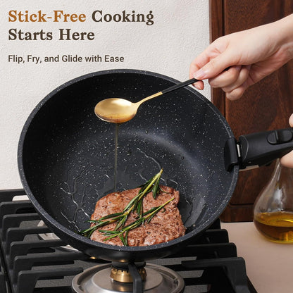 15Pcs Pots and Pans Set Non Stick, Cookware Sets with Detachable Handle, Nonstick RV Kitchen Cooking Tools Removable Handles, Oven Safe, Induction Fast, Stackable Induction Cookware,Black