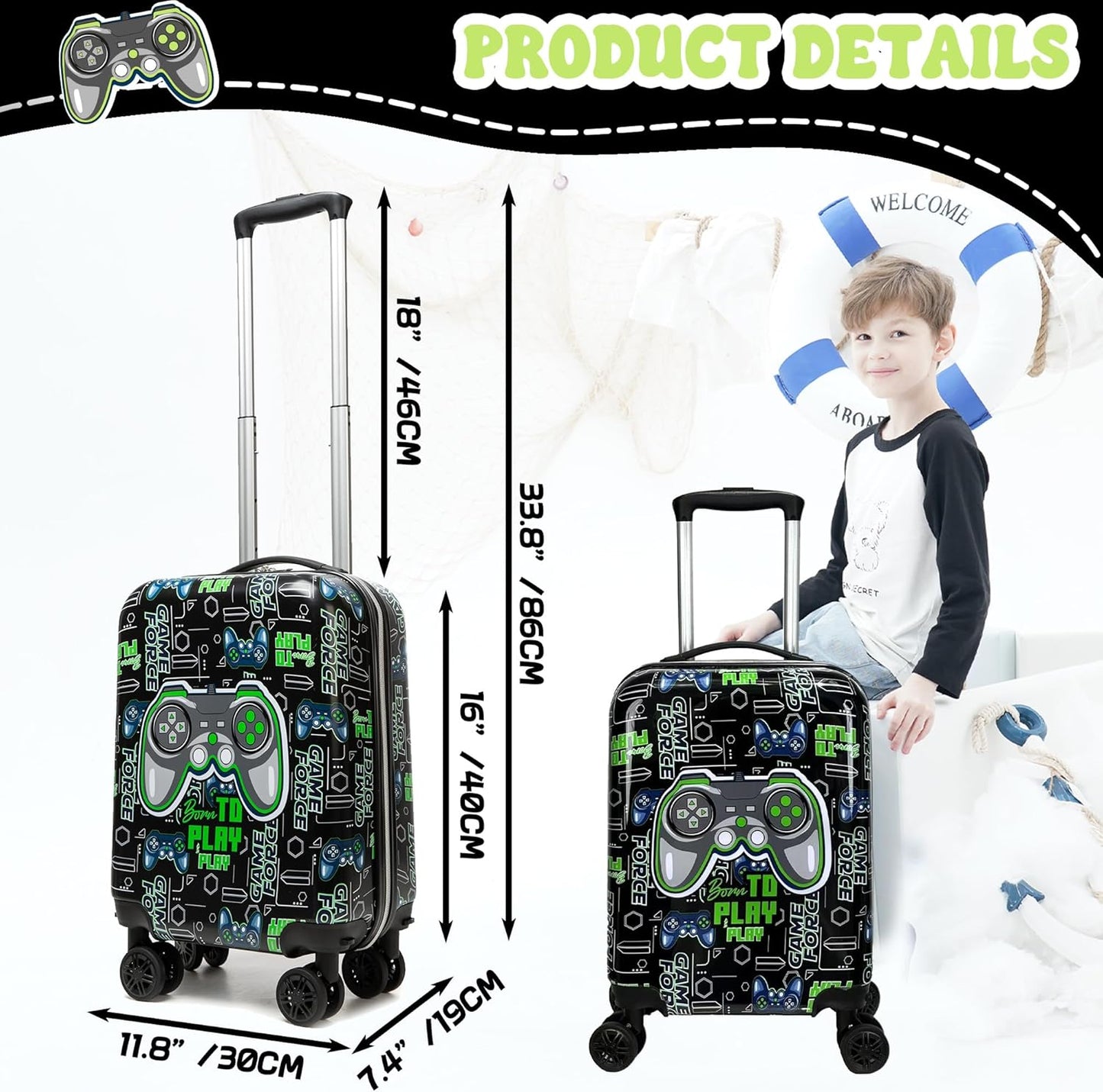 Kids Suitcase Set for Boys Hardside Luggage with Spinner Wheels 2 Piece 16inch Toddler Suitcase for Boys Travel Carry on Luggage Airline Approved