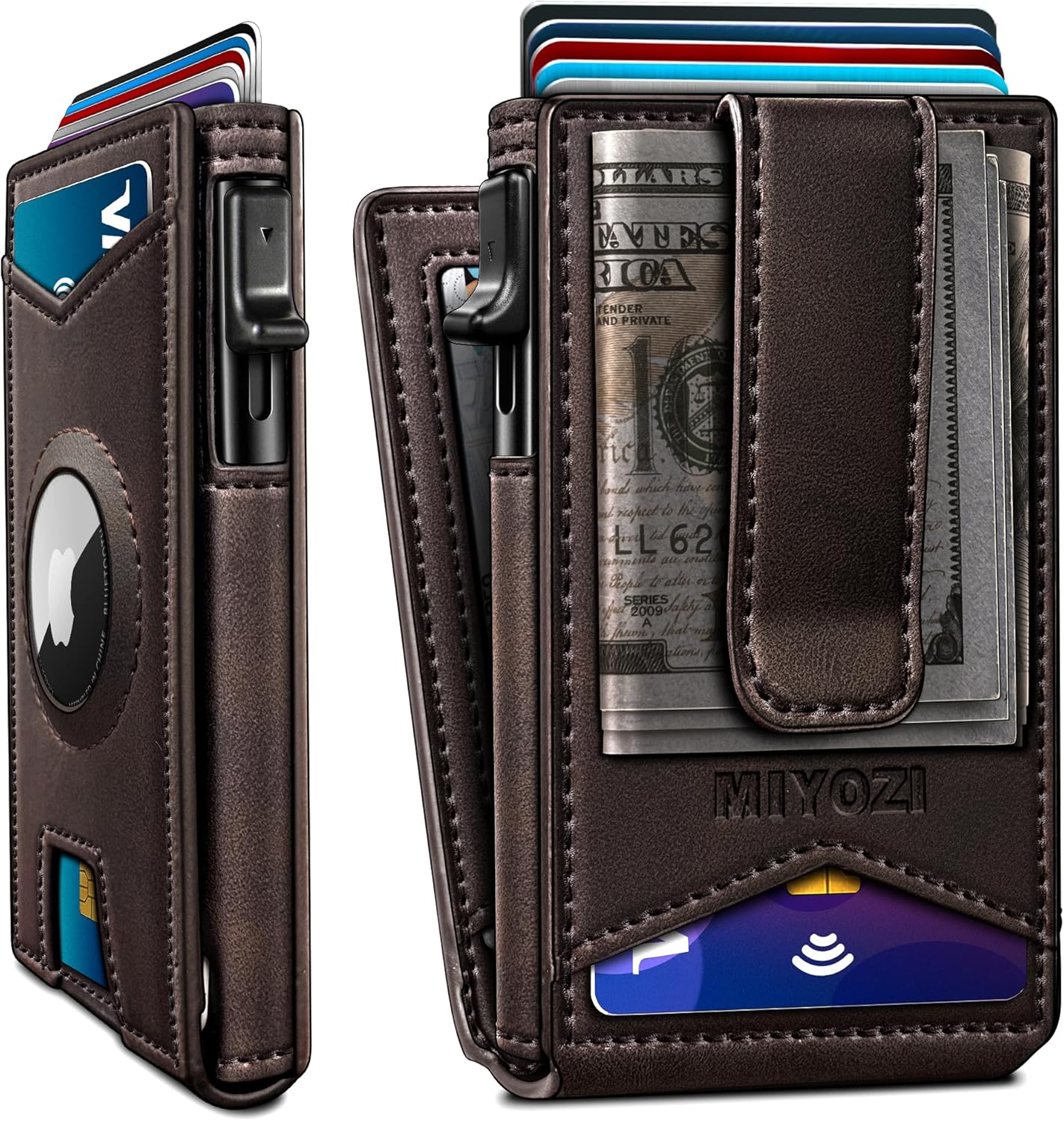 Airtag Wallet for Men,with Money Clip Gift Boxed,Slim Front Pocket Wallet RFID Blocking Metal Case Smart Pop-up Credit Card Holder in Magnetic Leather Flip