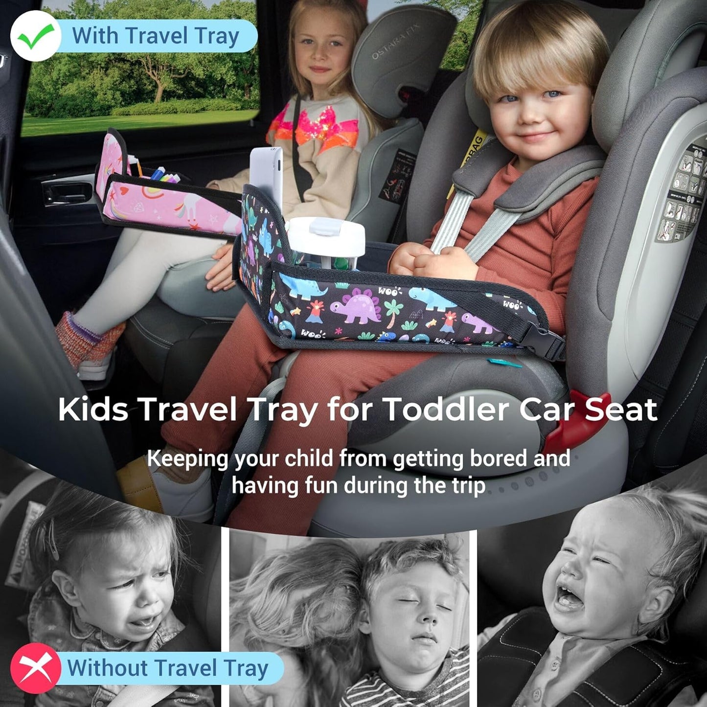 COOLBEBE Kids Travel Tray for Toddler Car Seat, 2PCS Travel Tray for Airplane, Toddler Car Seat Lap Tray, Carseat Table Tray for Kids Travel Activities(Dinosaur & Pink Unicorn)