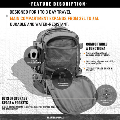 Tactical Backpack Military Backpacks for Men Army Expandable 3 Day Assault Pack Molle Backpacks Bug Out Bag (Grey)
