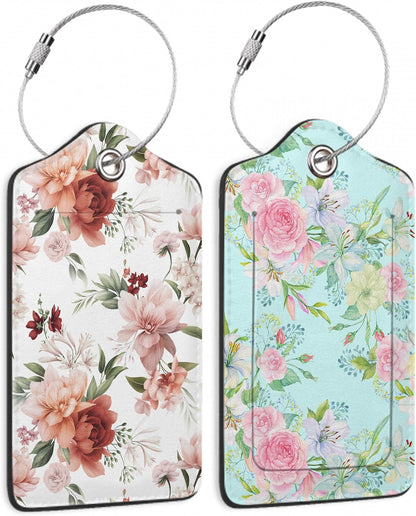 Watercolor Floral Hand Painting Luggage Tags for Suitcases, 2 Pack Cute PU Leather Suitcase Tag Identifiers with Address Card for Baggage Tag