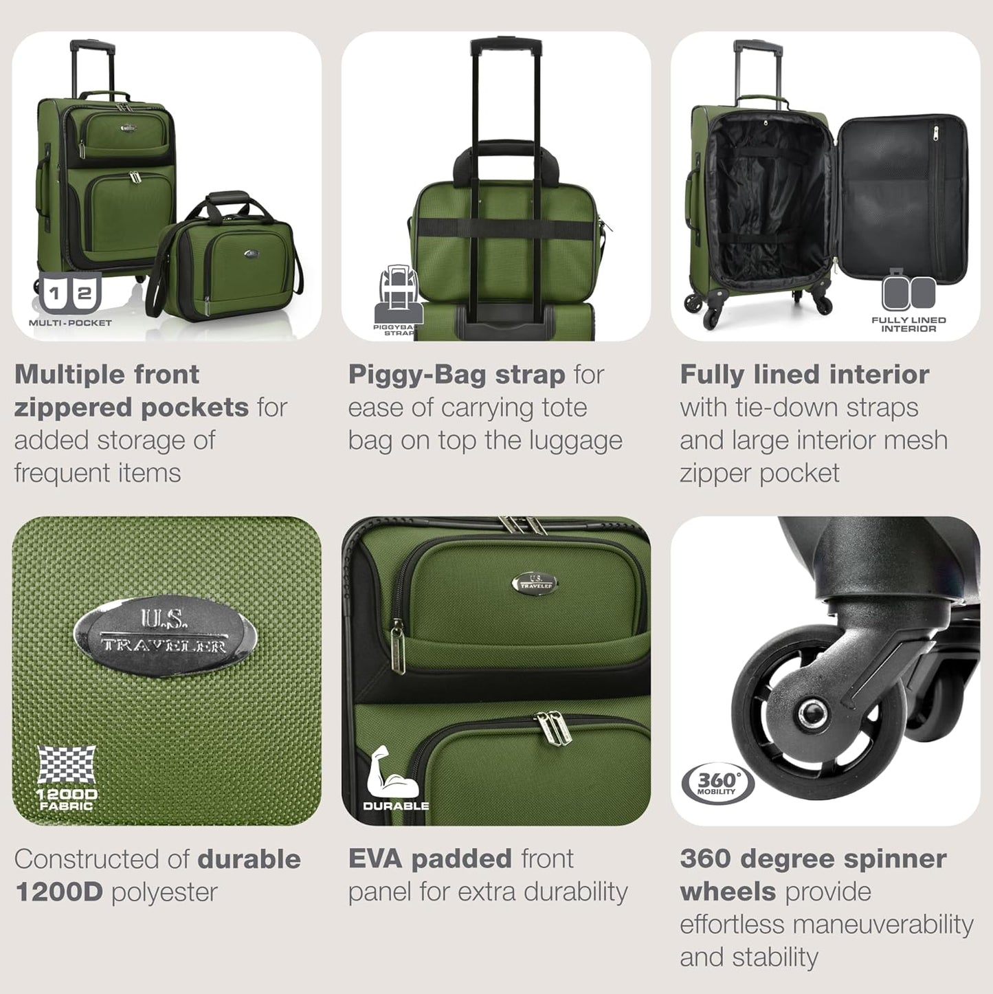 U.S. Traveler Lightweight Rolling 20" Carry On Luggage Softside Suitcase, Green, 4 Wheel