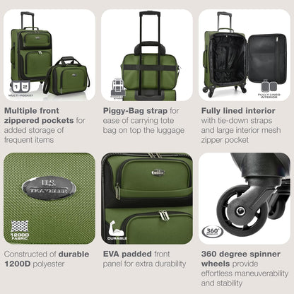 U.S. Traveler Lightweight Rolling 20" Carry On Luggage Softside Suitcase, Green, 4 Wheel