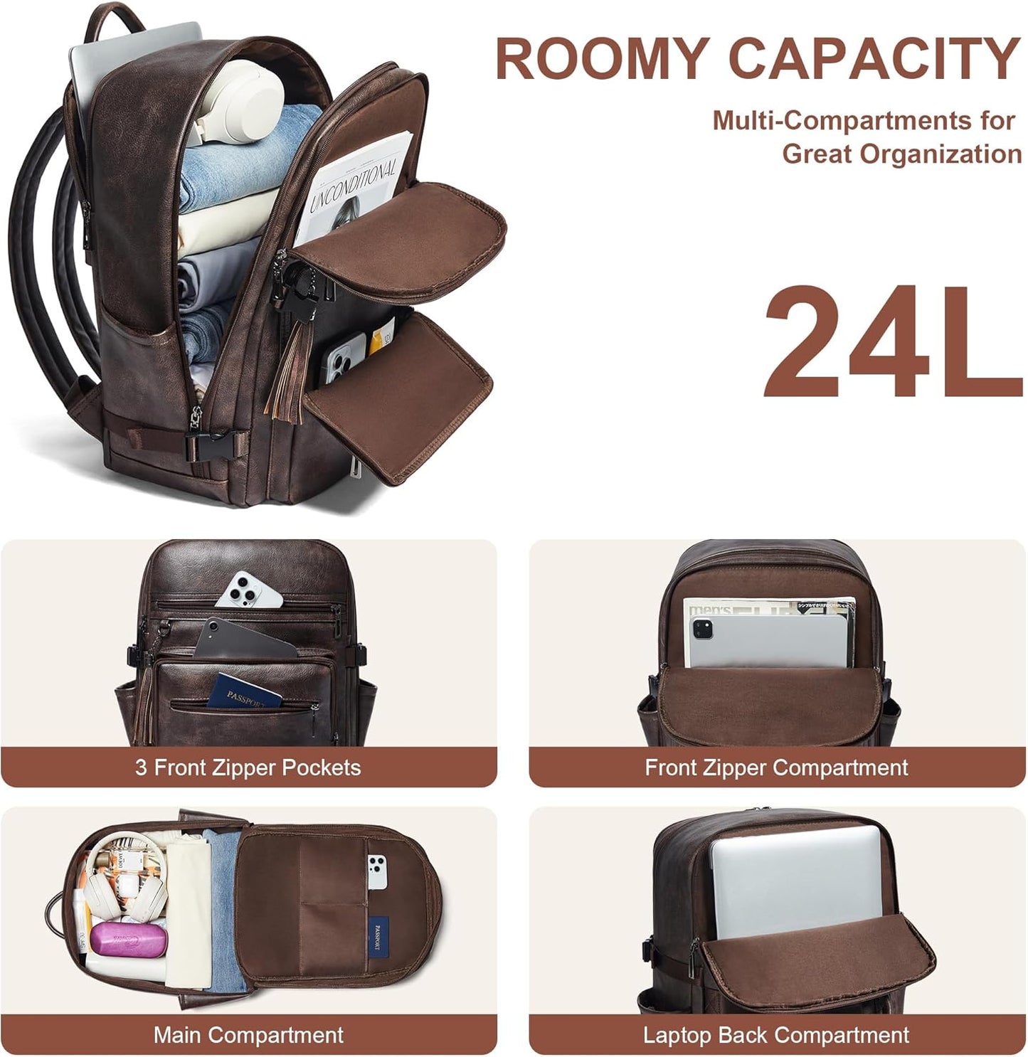 Shrrie Laptop Backpack for Women,Vegan Leather Backpack Work Computer Backpacks fits 16" Laptop,Water Resistant Teacher Nurse Casual Daypack for Weekender Camping Travel,Two-toned Coffee