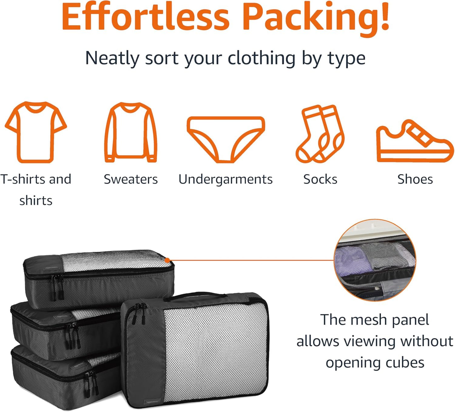 Amazon Basics Lightweight Packing Cubes Travel Organizer Set with Double Zipper, Mesh Top, Durable Polyester, Medium, 4 Piece, Black