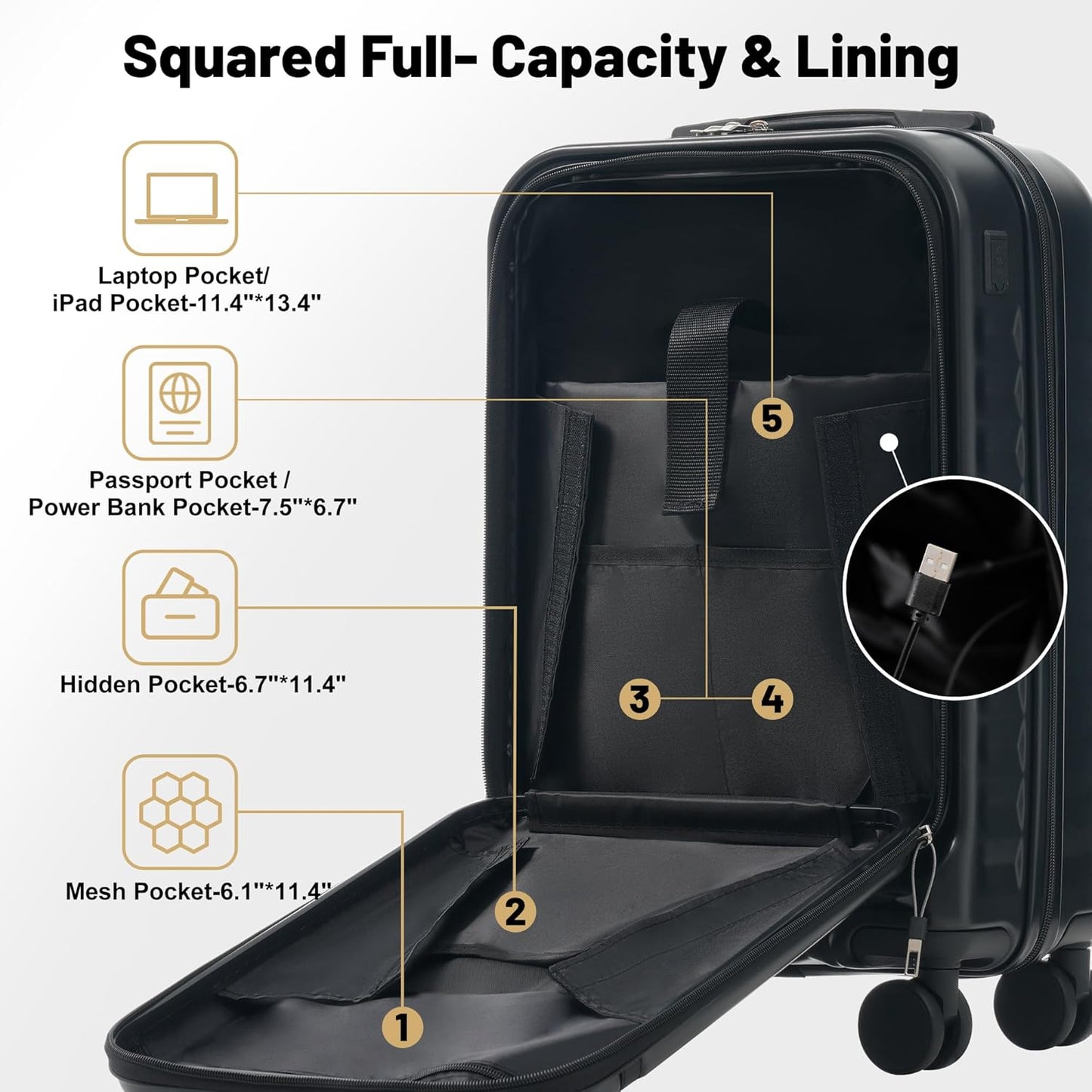 Merax Luggage Sets Front Opening, 2 Piece Hardshell Suitcase with Spinner Wheels and Bags,Lightweight Carry on Luggage with USB Port,20+24,Black