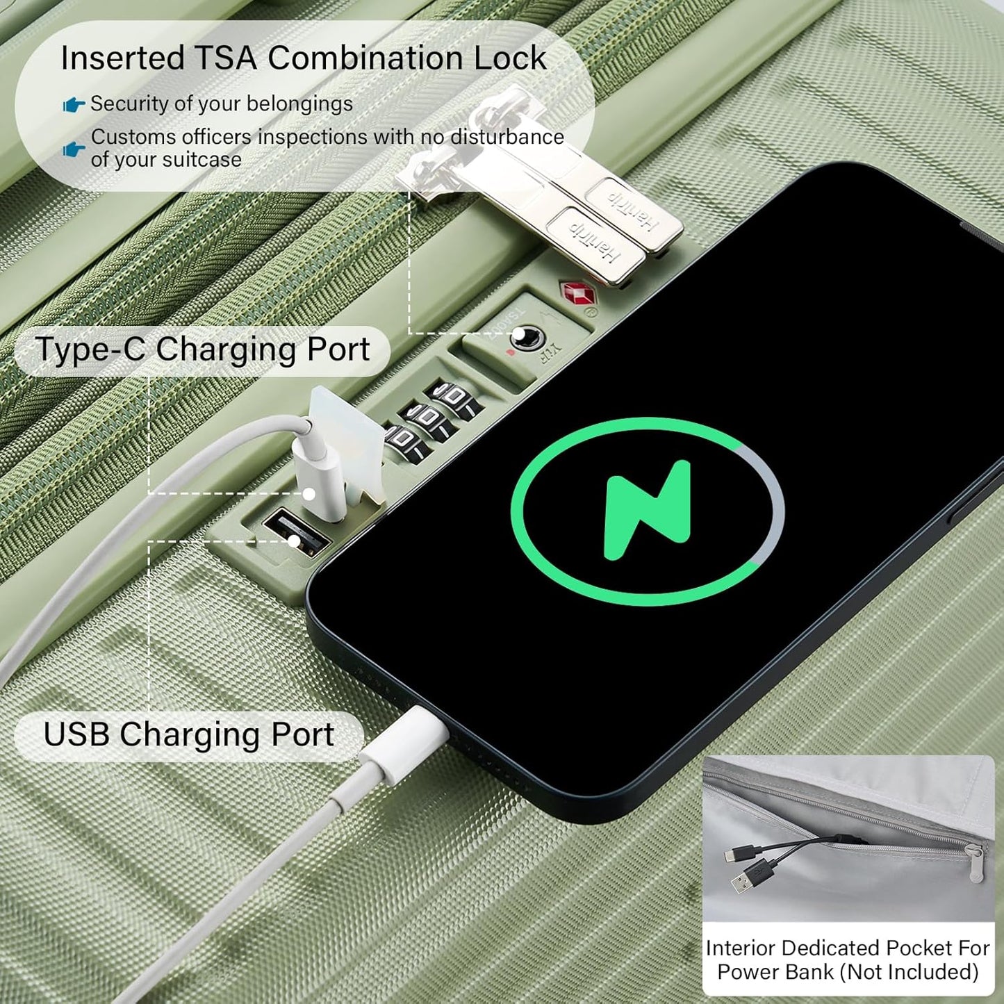 Hard Shell 20 Inch Carry on Luggage Expandable Travel Luggage, TSA Approved Luggage with Cup Holder Charger Built in, Lightweight Small Suitcases with Wheels, Bamboo Green